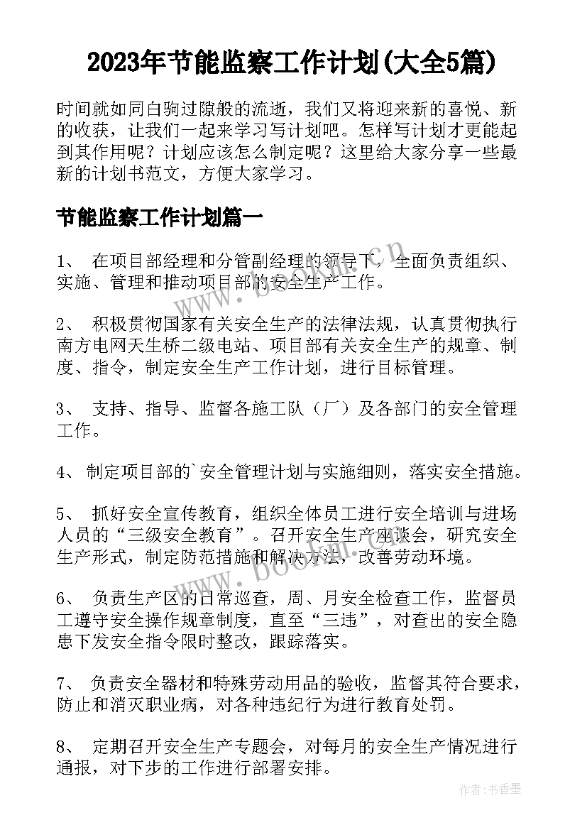 2023年节能监察工作计划(大全5篇)