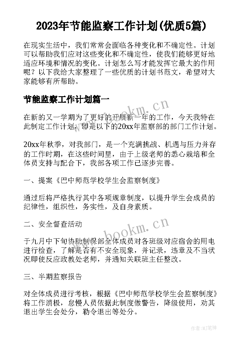 2023年节能监察工作计划(优质5篇)