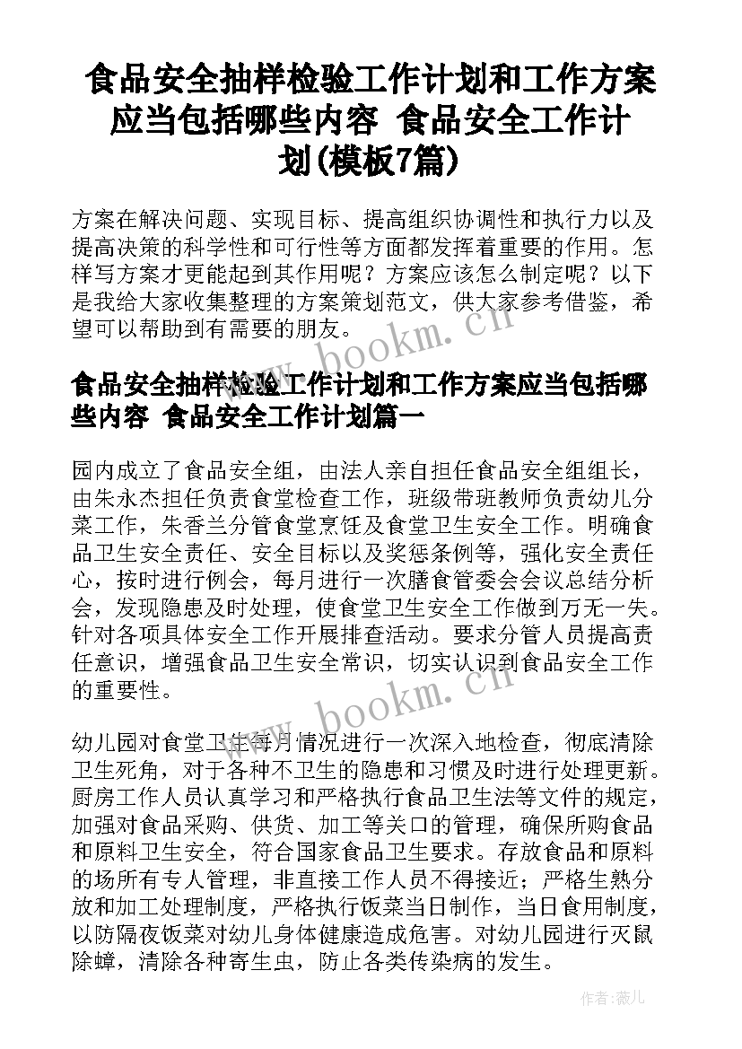 食品安全抽样检验工作计划和工作方案应当包括哪些内容 食品安全工作计划(模板7篇)