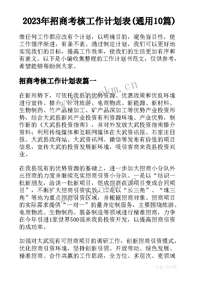 2023年招商考核工作计划表(通用10篇)