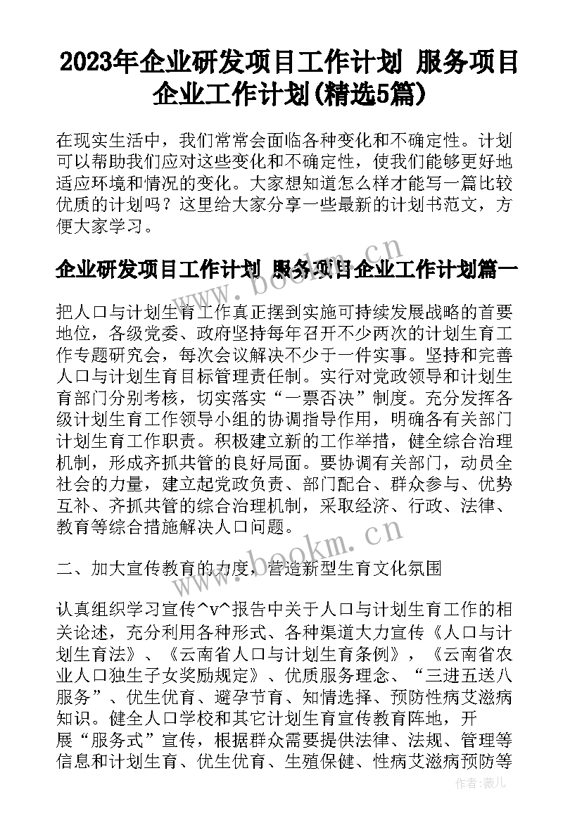 2023年企业研发项目工作计划 服务项目企业工作计划(精选5篇)