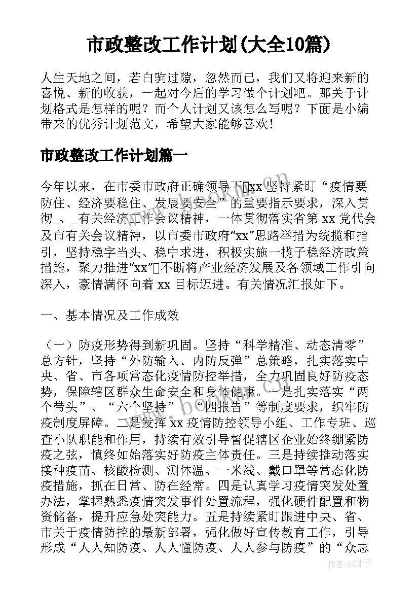 市政整改工作计划(大全10篇)