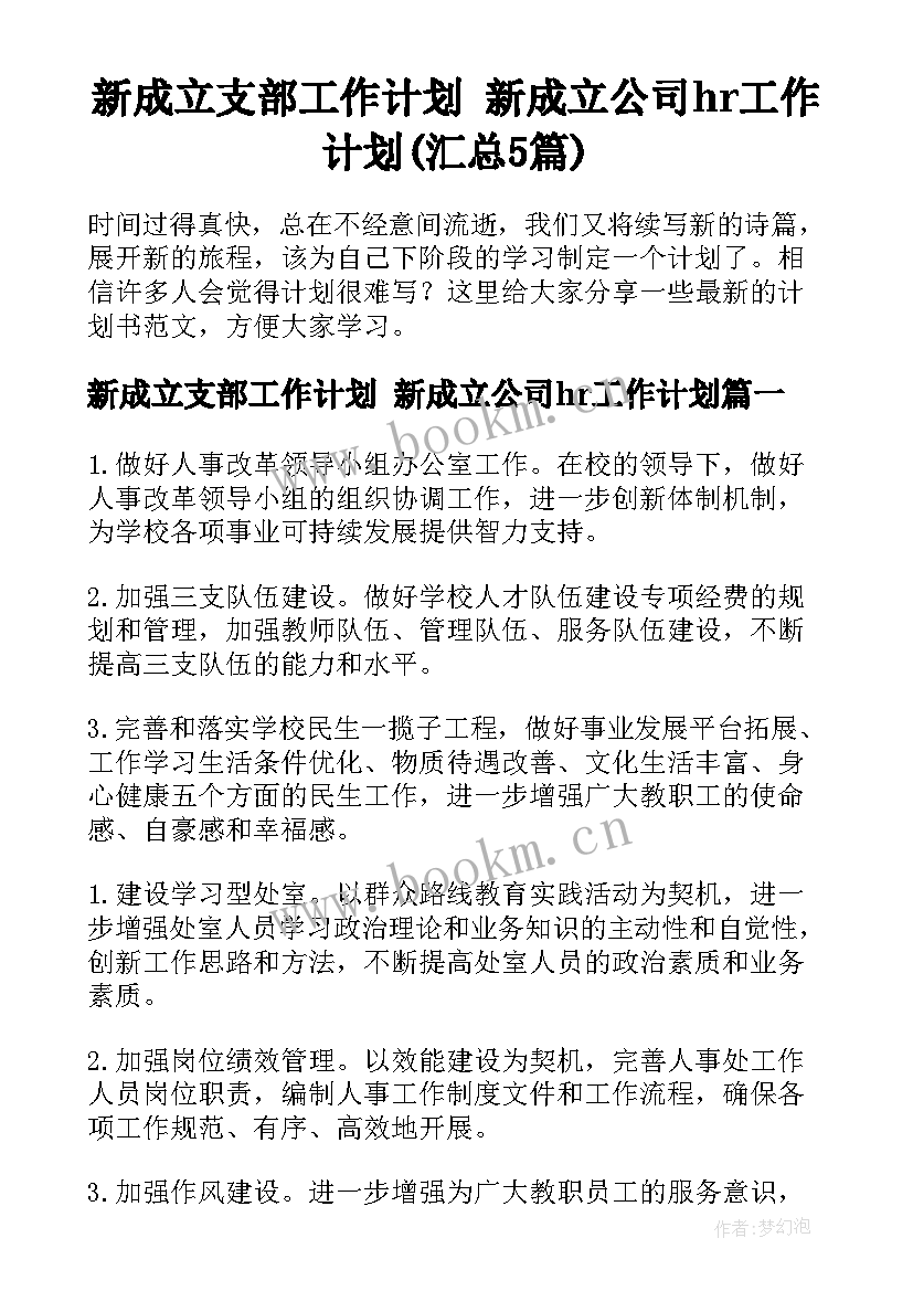 新成立支部工作计划 新成立公司hr工作计划(汇总5篇)