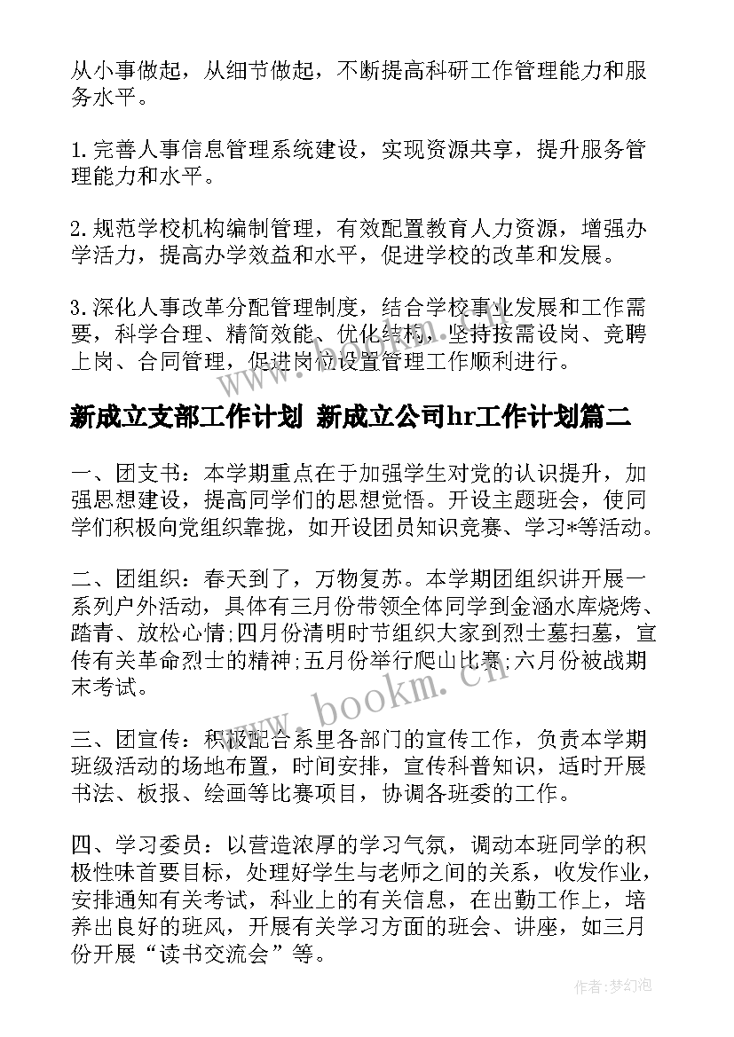 新成立支部工作计划 新成立公司hr工作计划(汇总5篇)