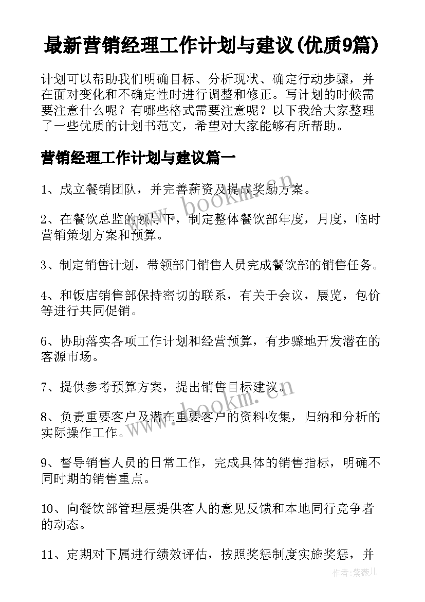 最新营销经理工作计划与建议(优质9篇)