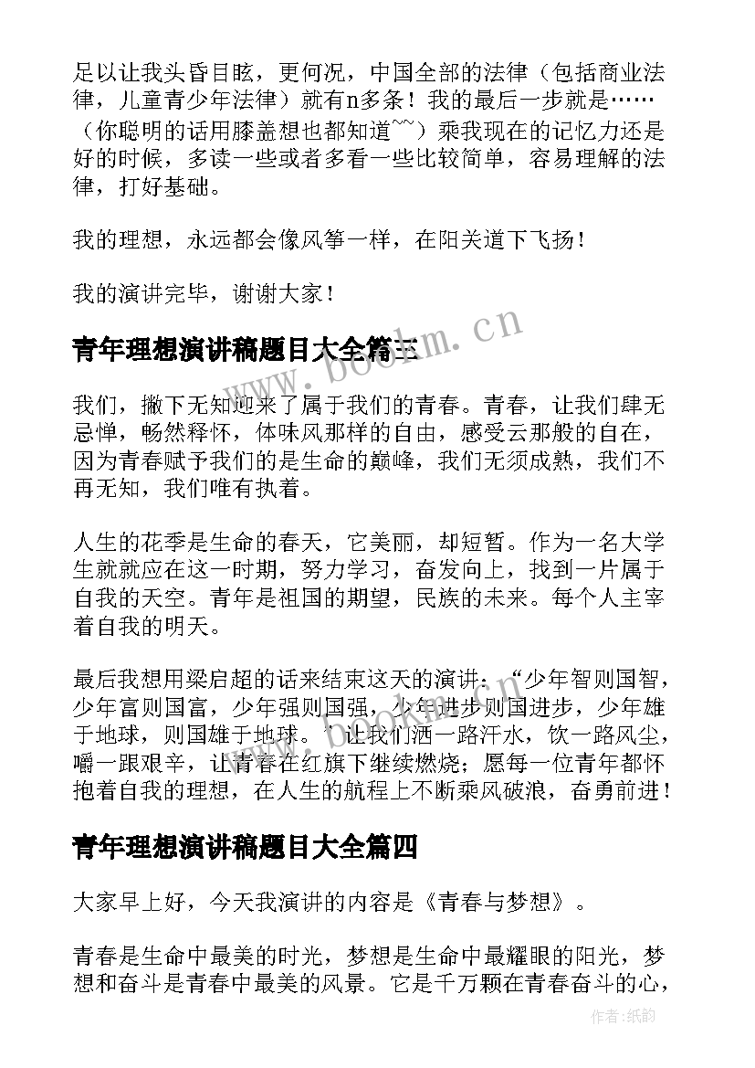 青年理想演讲稿题目(通用8篇)