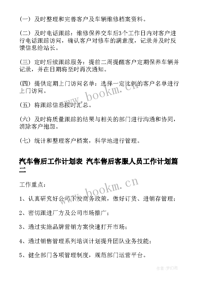 最新汽车售后工作计划表 汽车售后客服人员工作计划(汇总5篇)