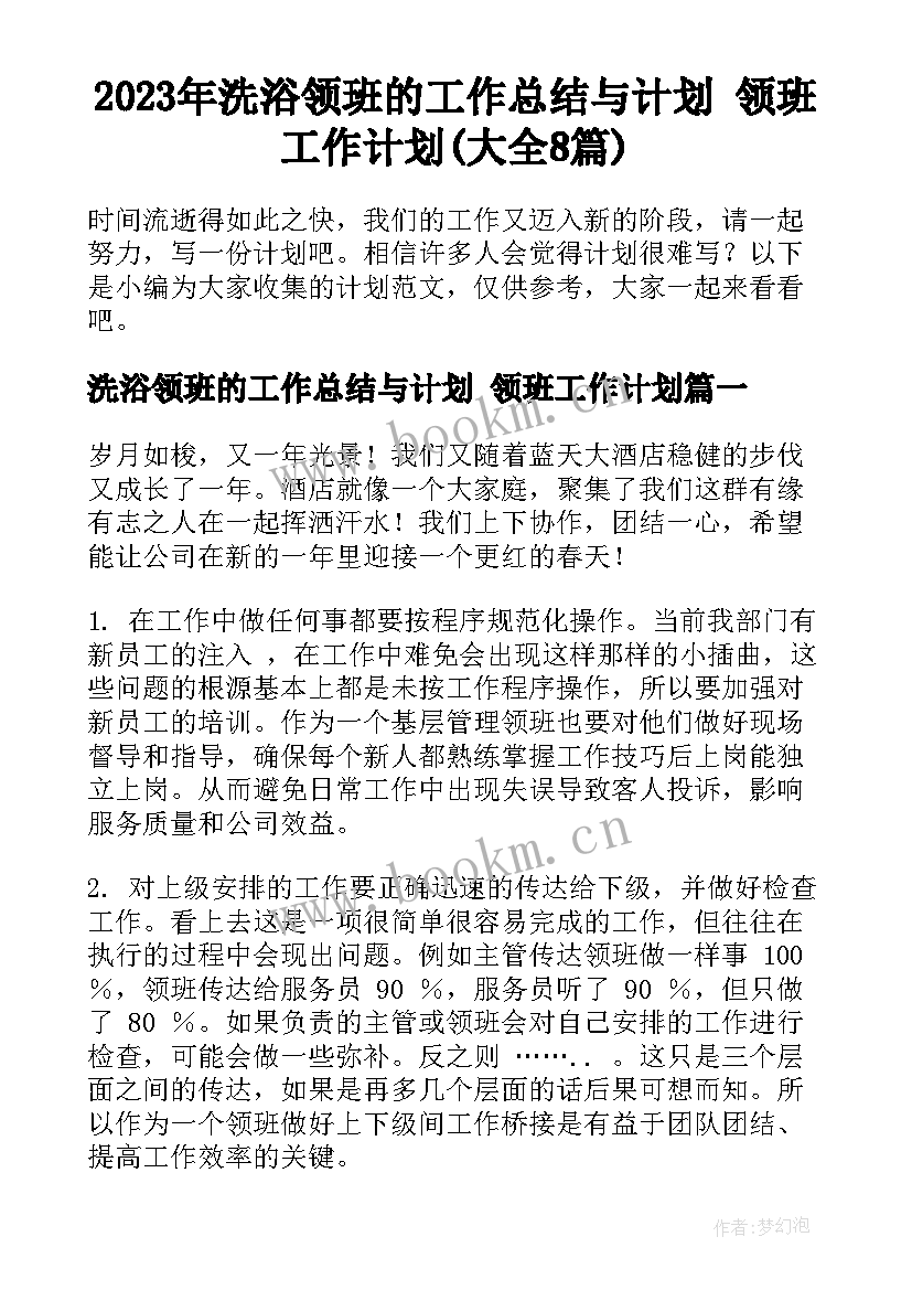 2023年洗浴领班的工作总结与计划 领班工作计划(大全8篇)