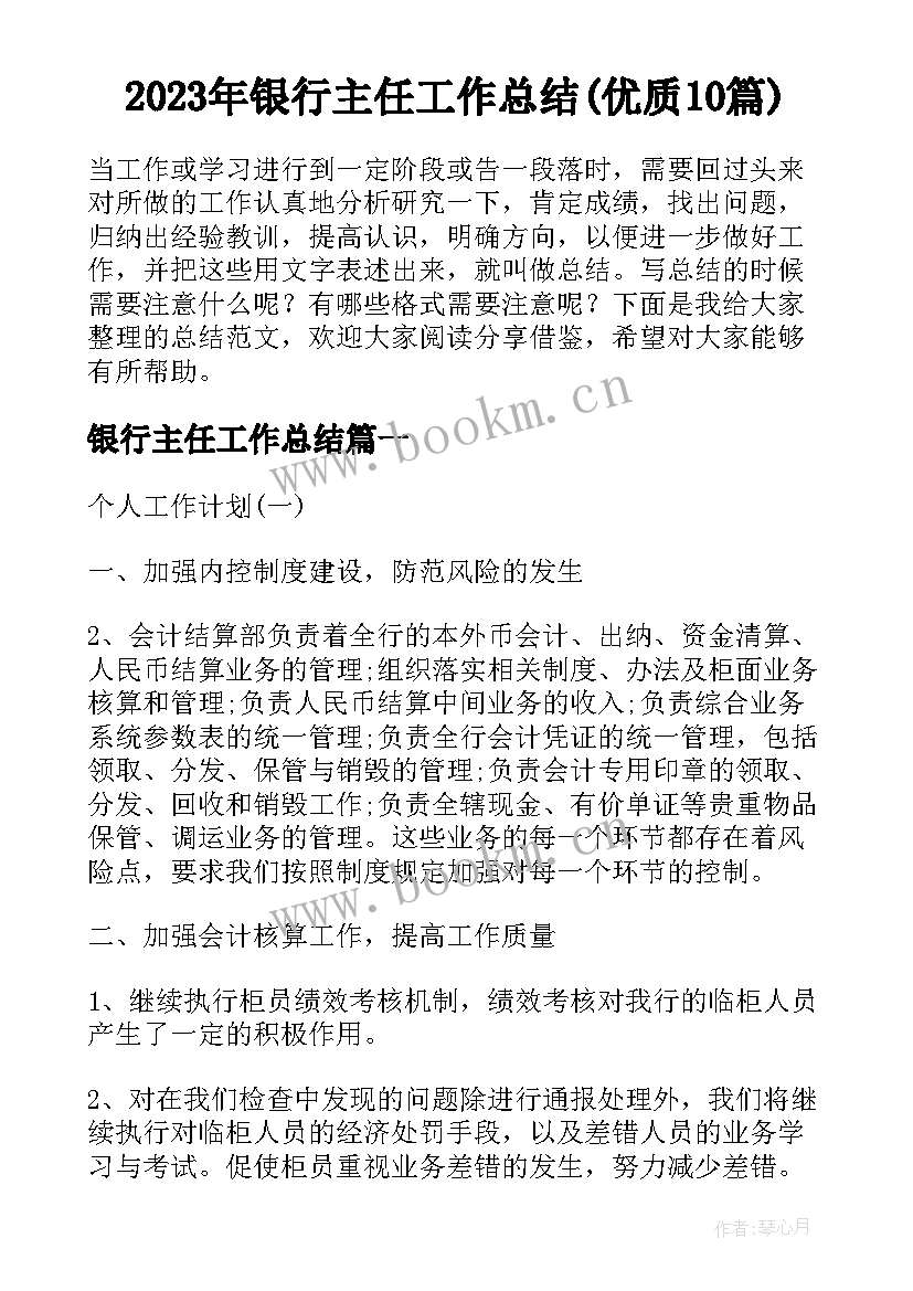 2023年银行主任工作总结(优质10篇)