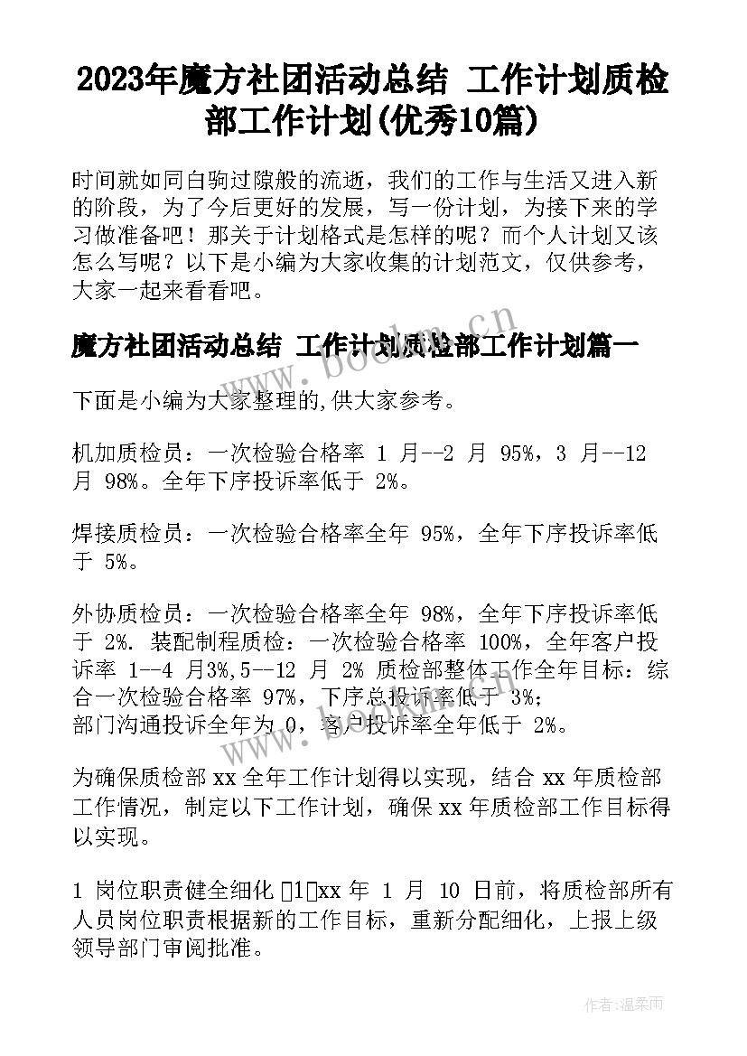 2023年魔方社团活动总结 工作计划质检部工作计划(优秀10篇)