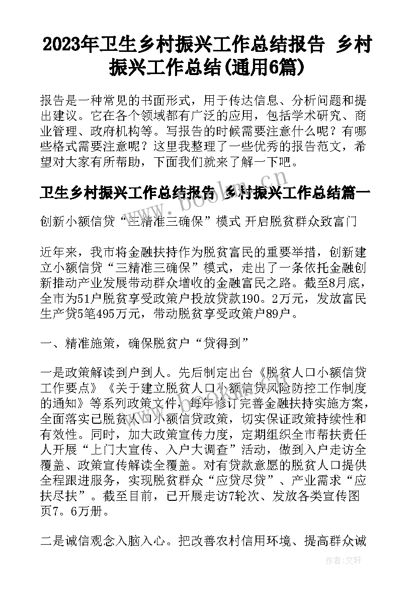 2023年卫生乡村振兴工作总结报告 乡村振兴工作总结(通用6篇)