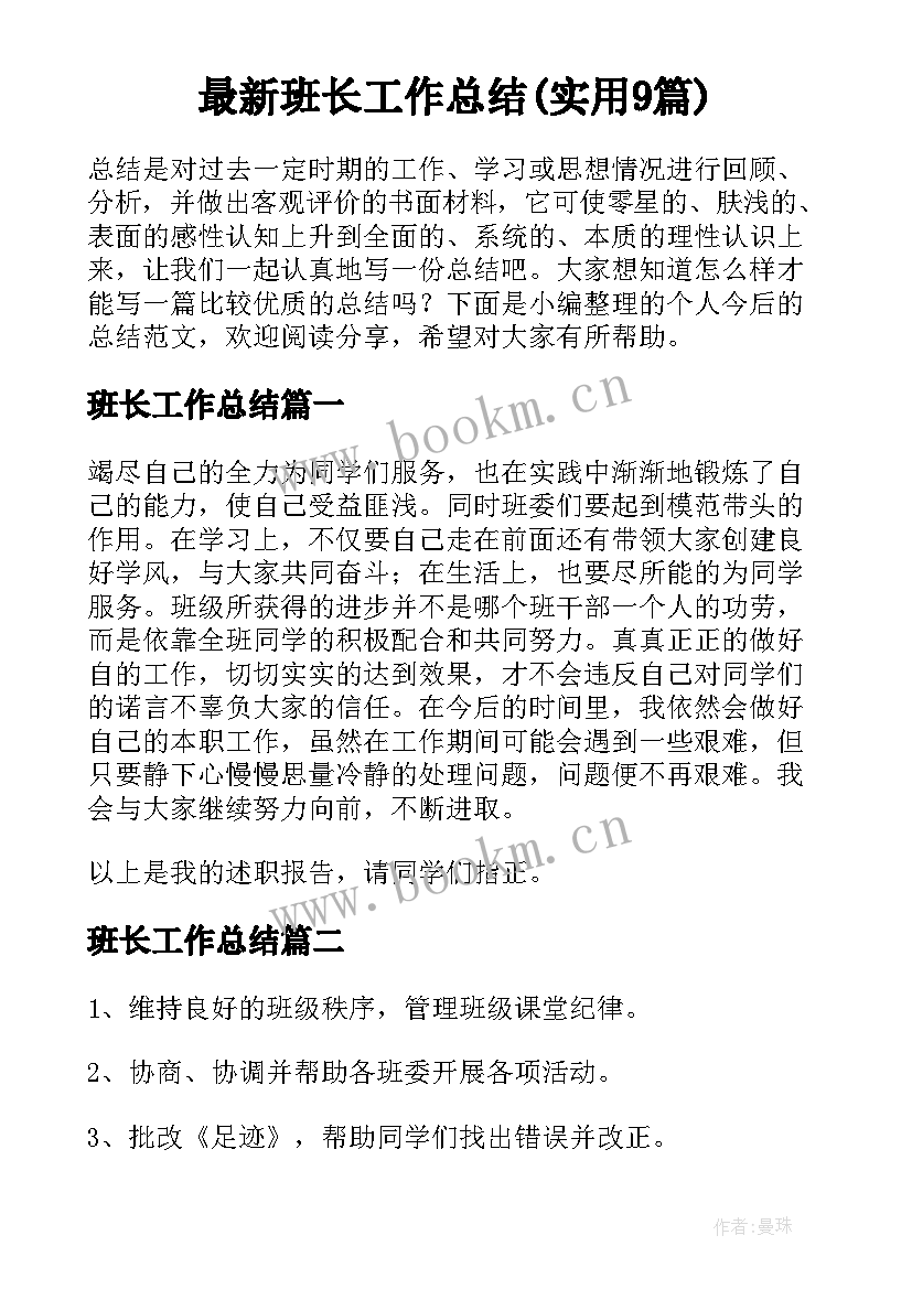 最新班长工作总结(实用9篇)