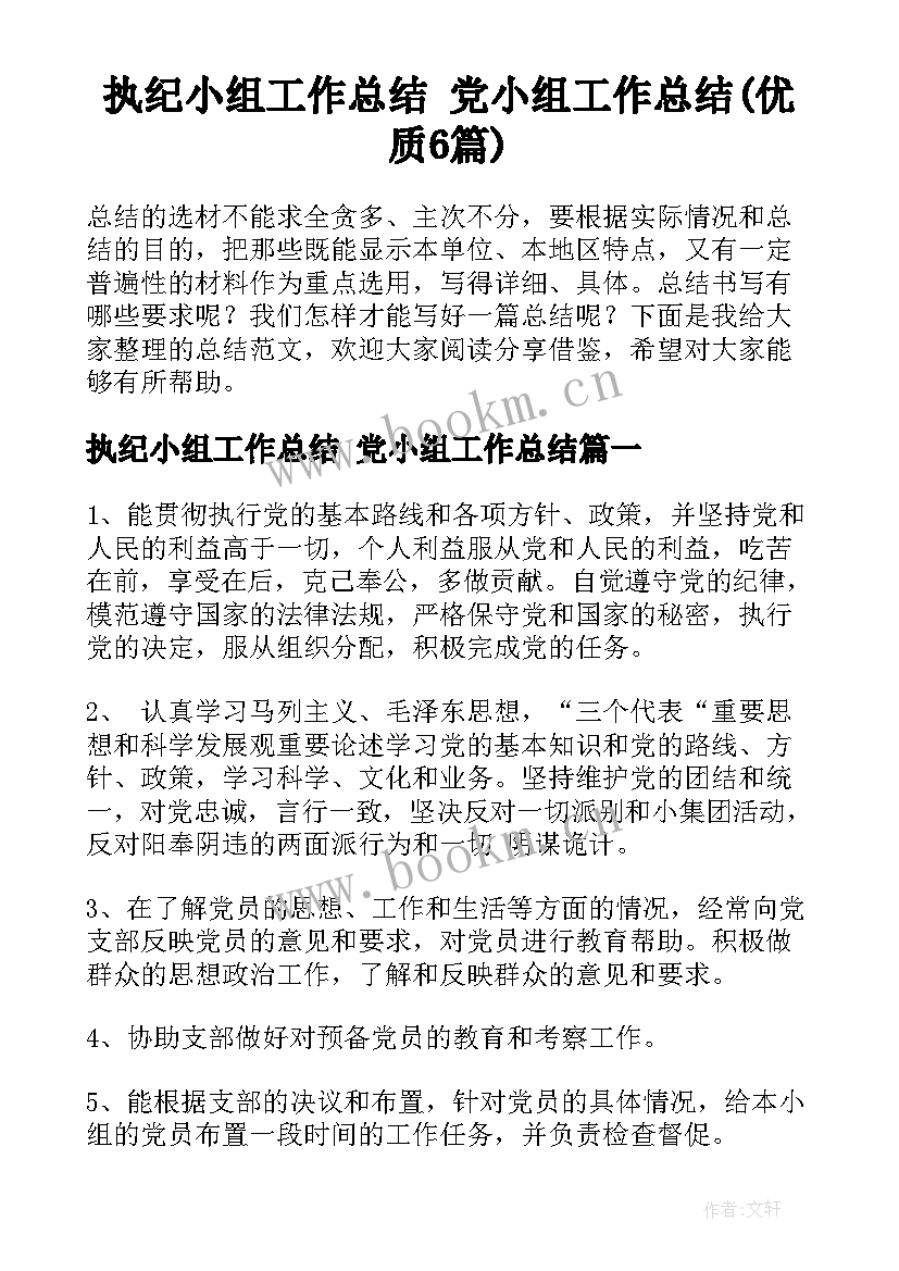 执纪小组工作总结 党小组工作总结(优质6篇)