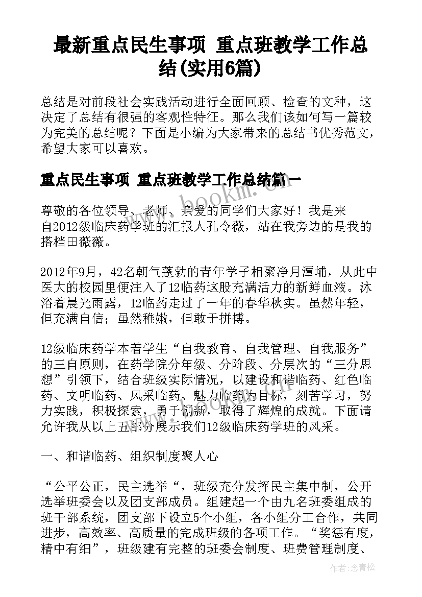 最新重点民生事项 重点班教学工作总结(实用6篇)