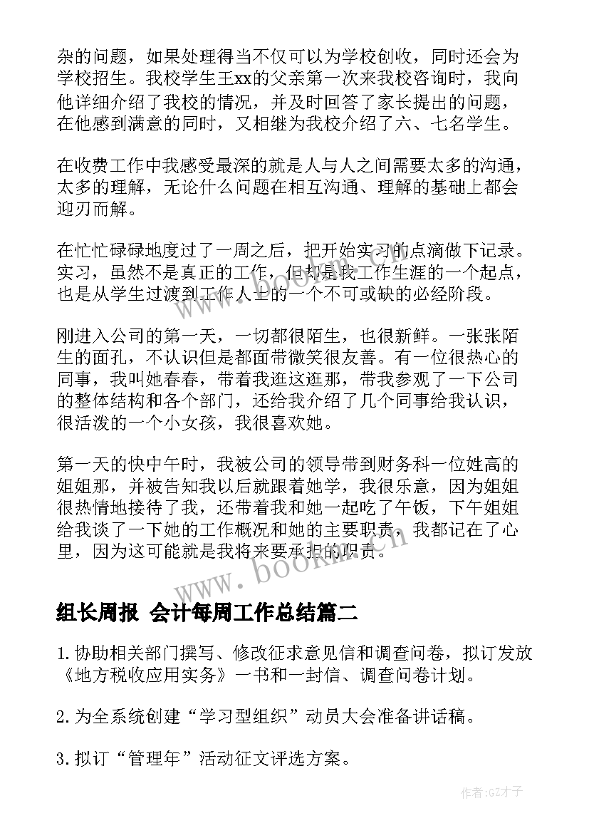 组长周报 会计每周工作总结(精选7篇)