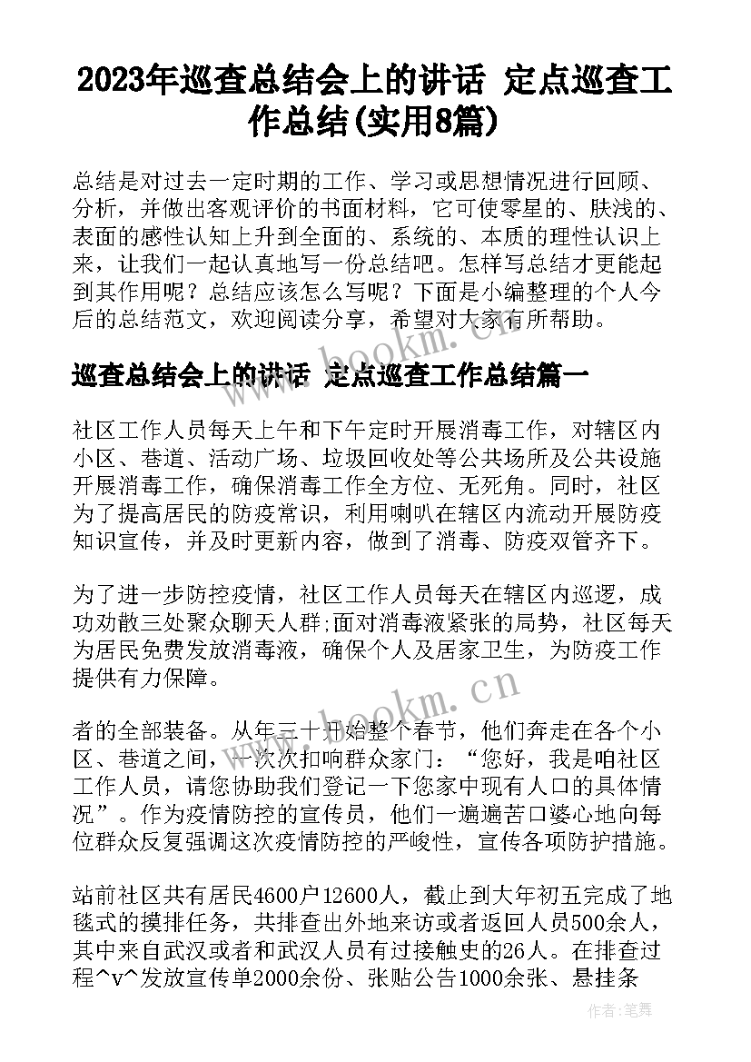 2023年巡查总结会上的讲话 定点巡查工作总结(实用8篇)