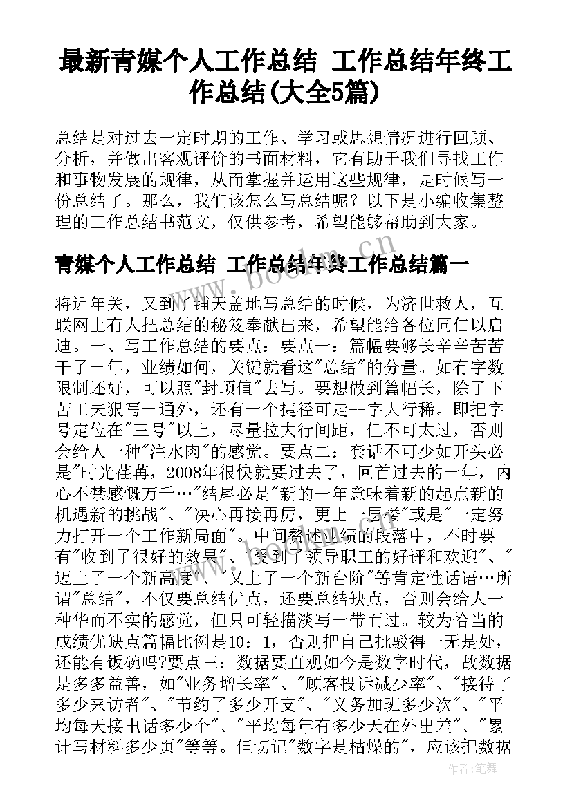 最新青媒个人工作总结 工作总结年终工作总结(大全5篇)