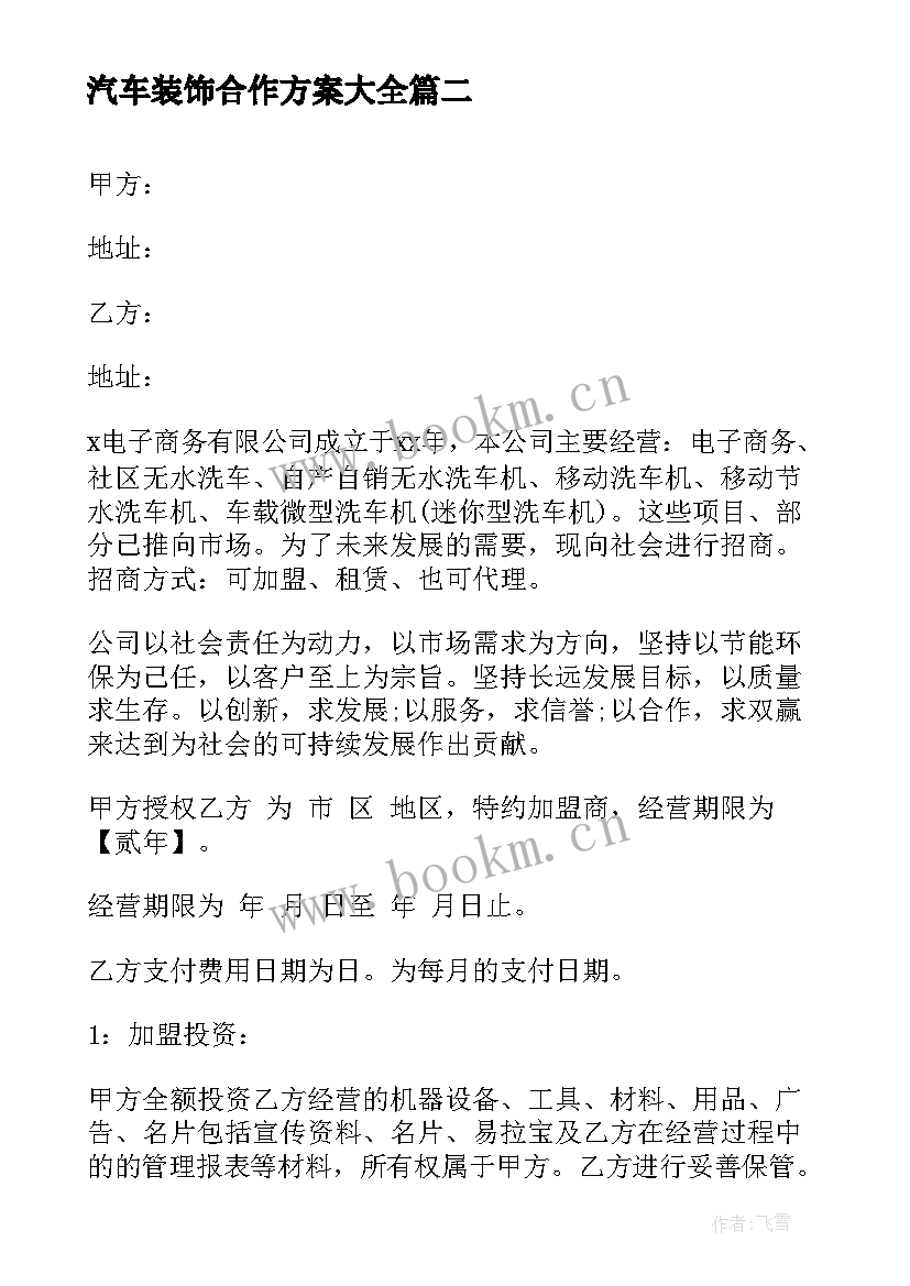 最新汽车装饰合作方案(精选5篇)