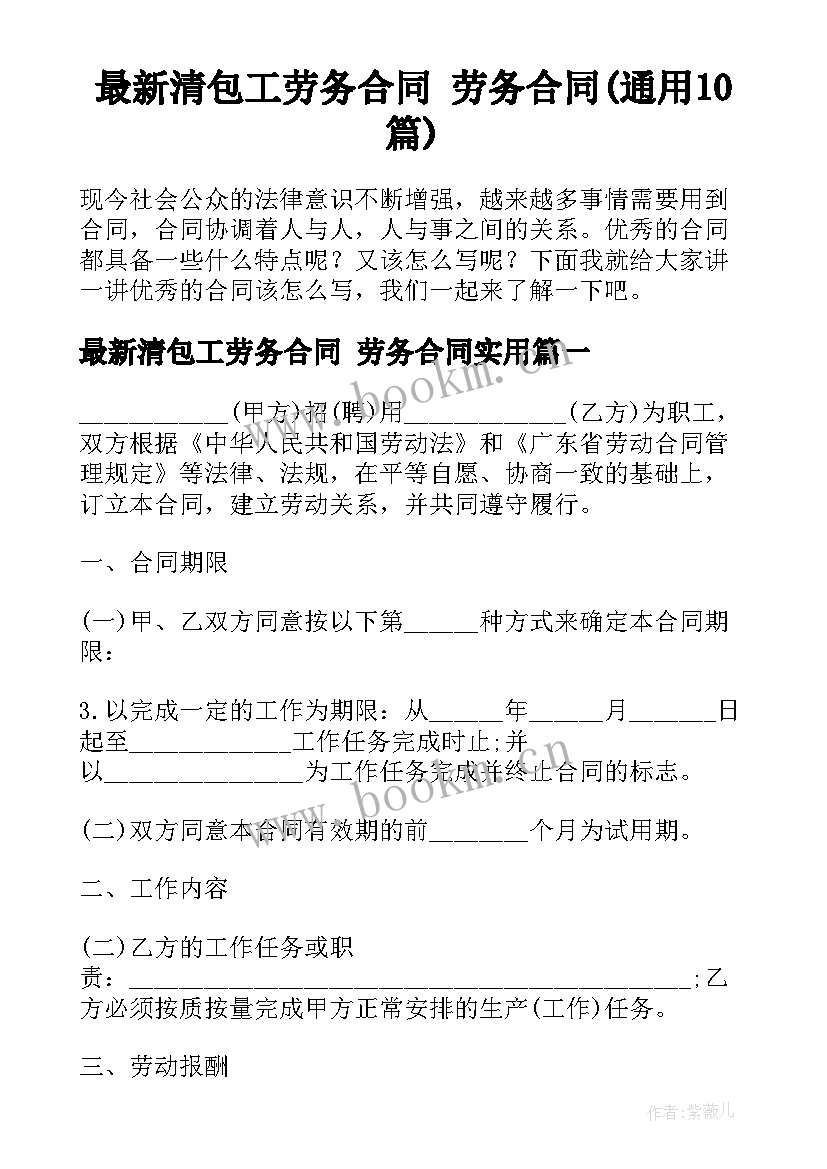 最新清包工劳务合同 劳务合同(通用10篇)