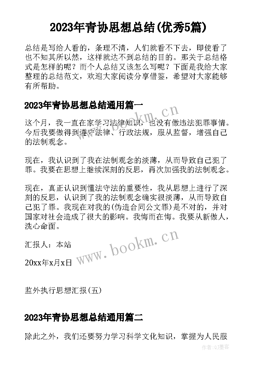 2023年青协思想总结(优秀5篇)