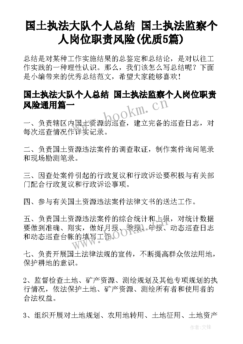 国土执法大队个人总结 国土执法监察个人岗位职责风险(优质5篇)