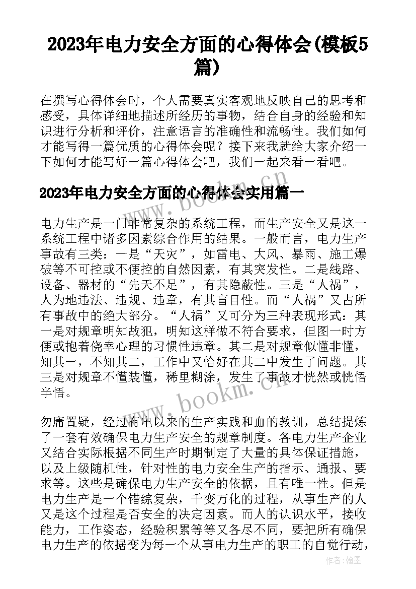 2023年电力安全方面的心得体会(模板5篇)