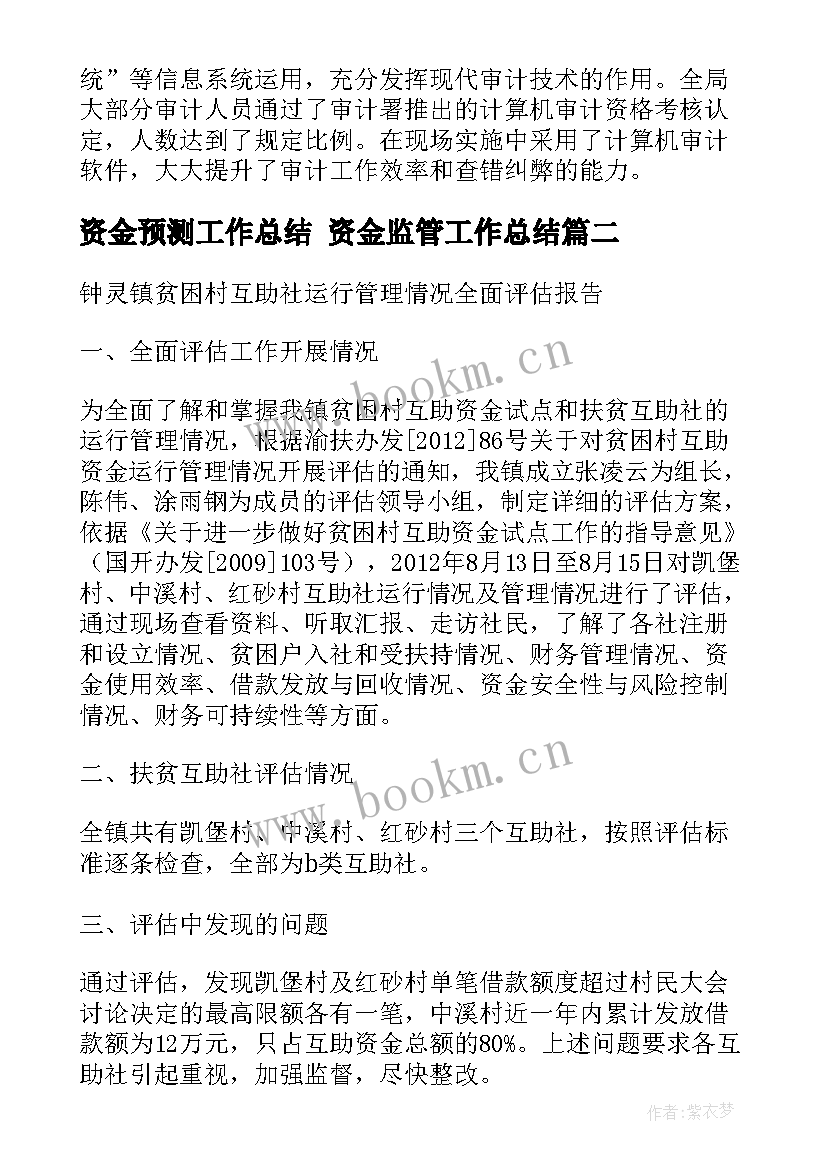 最新资金预测工作总结 资金监管工作总结(模板9篇)