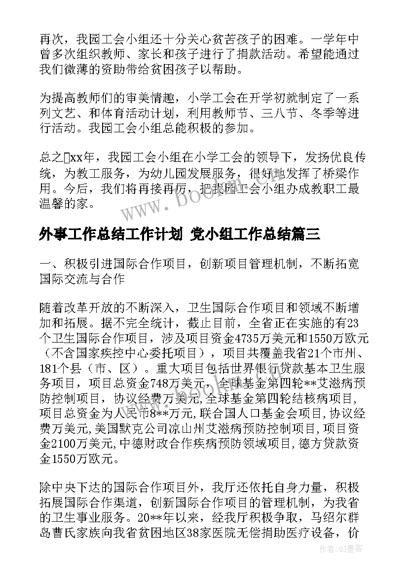 最新外事工作总结工作计划 党小组工作总结(精选9篇)