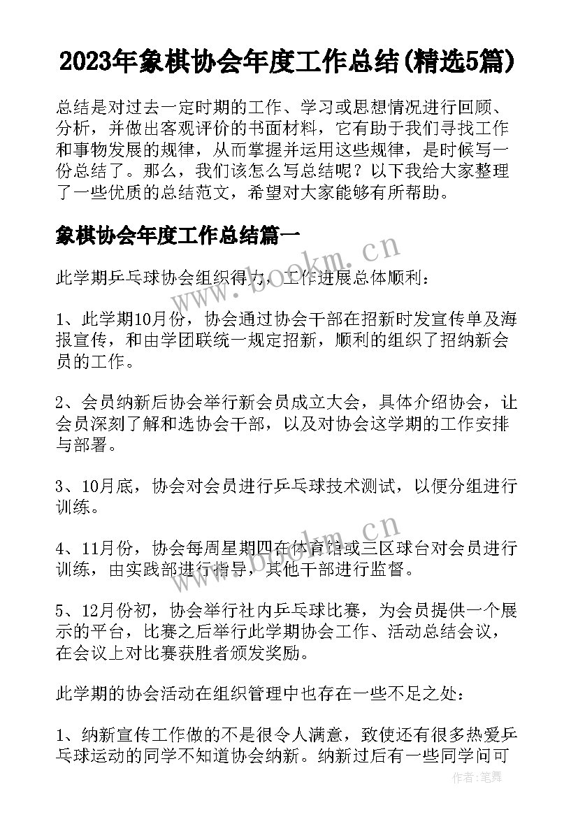 2023年象棋协会年度工作总结(精选5篇)