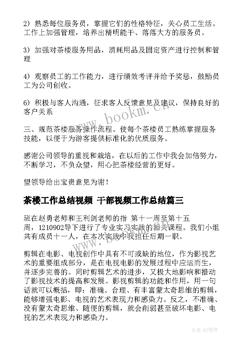 最新茶楼工作总结视频 干部视频工作总结(模板9篇)