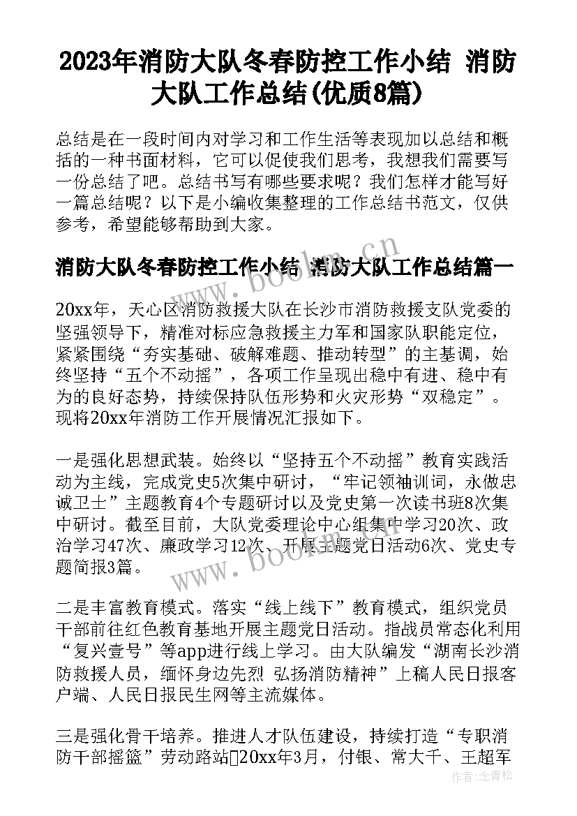 2023年消防大队冬春防控工作小结 消防大队工作总结(优质8篇)