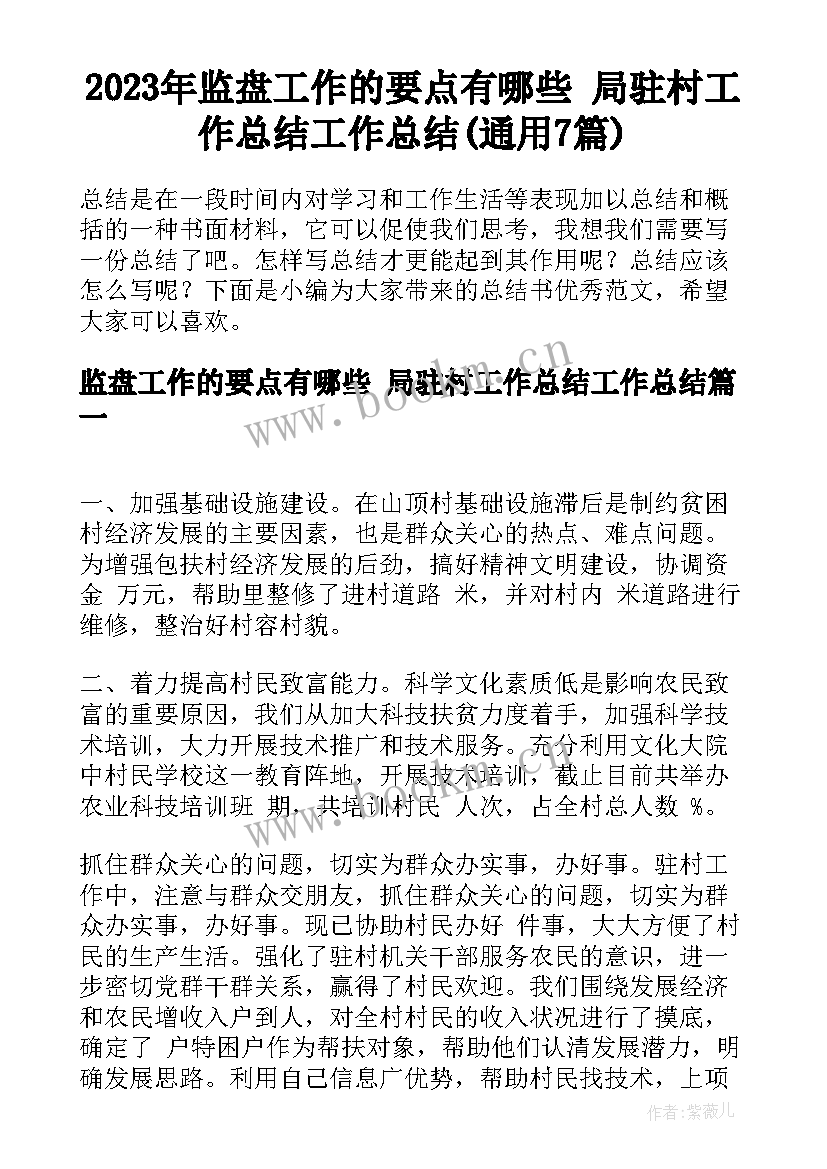 2023年监盘工作的要点有哪些 局驻村工作总结工作总结(通用7篇)