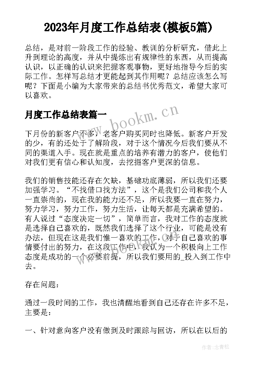 2023年月度工作总结表(模板5篇)