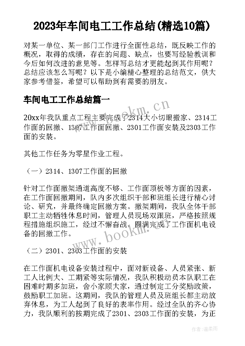 2023年车间电工工作总结(精选10篇)