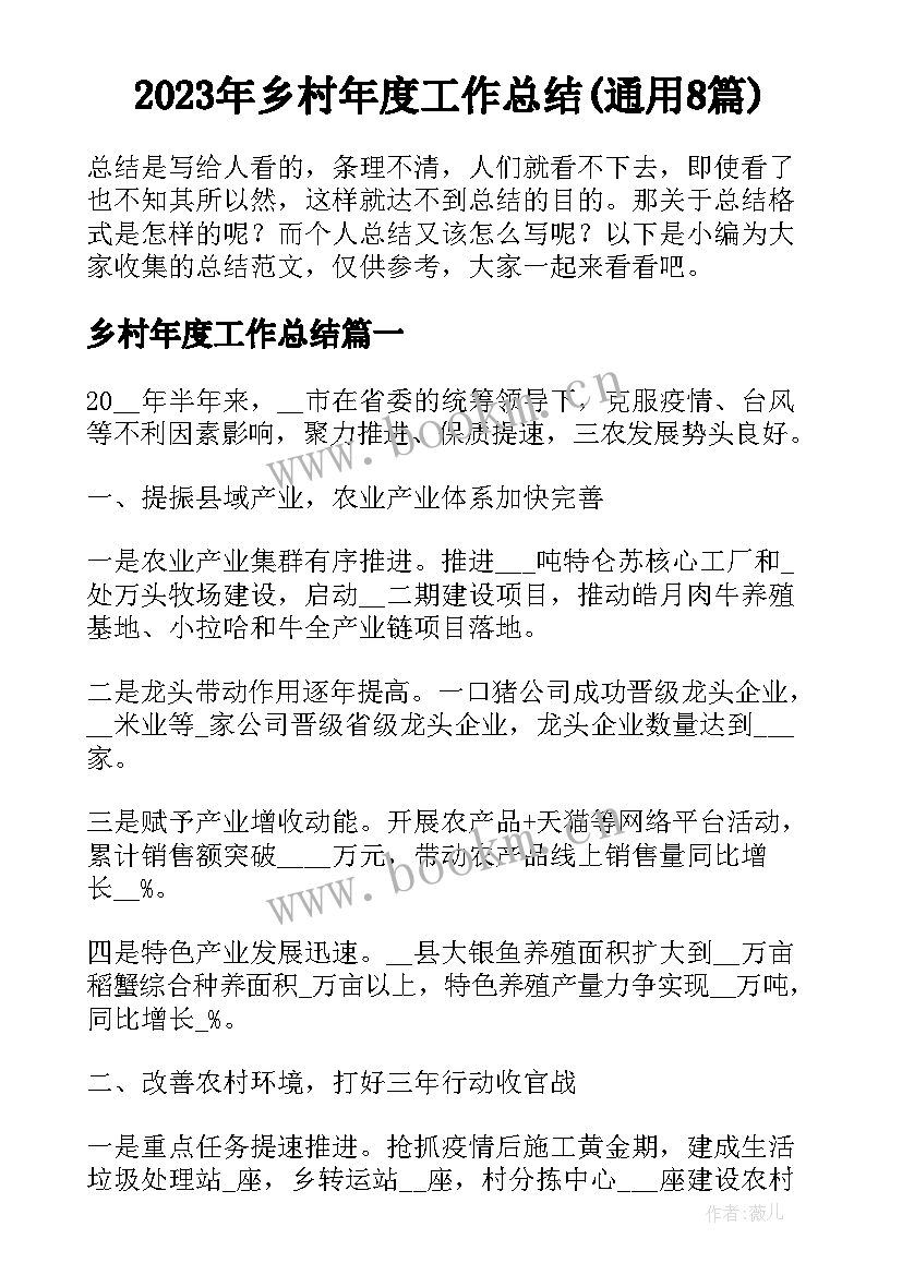 2023年乡村年度工作总结(通用8篇)