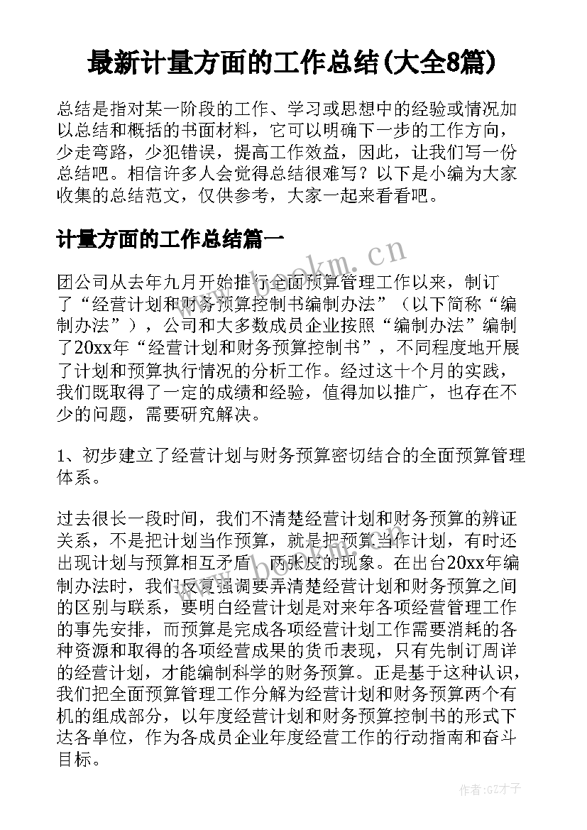 最新计量方面的工作总结(大全8篇)