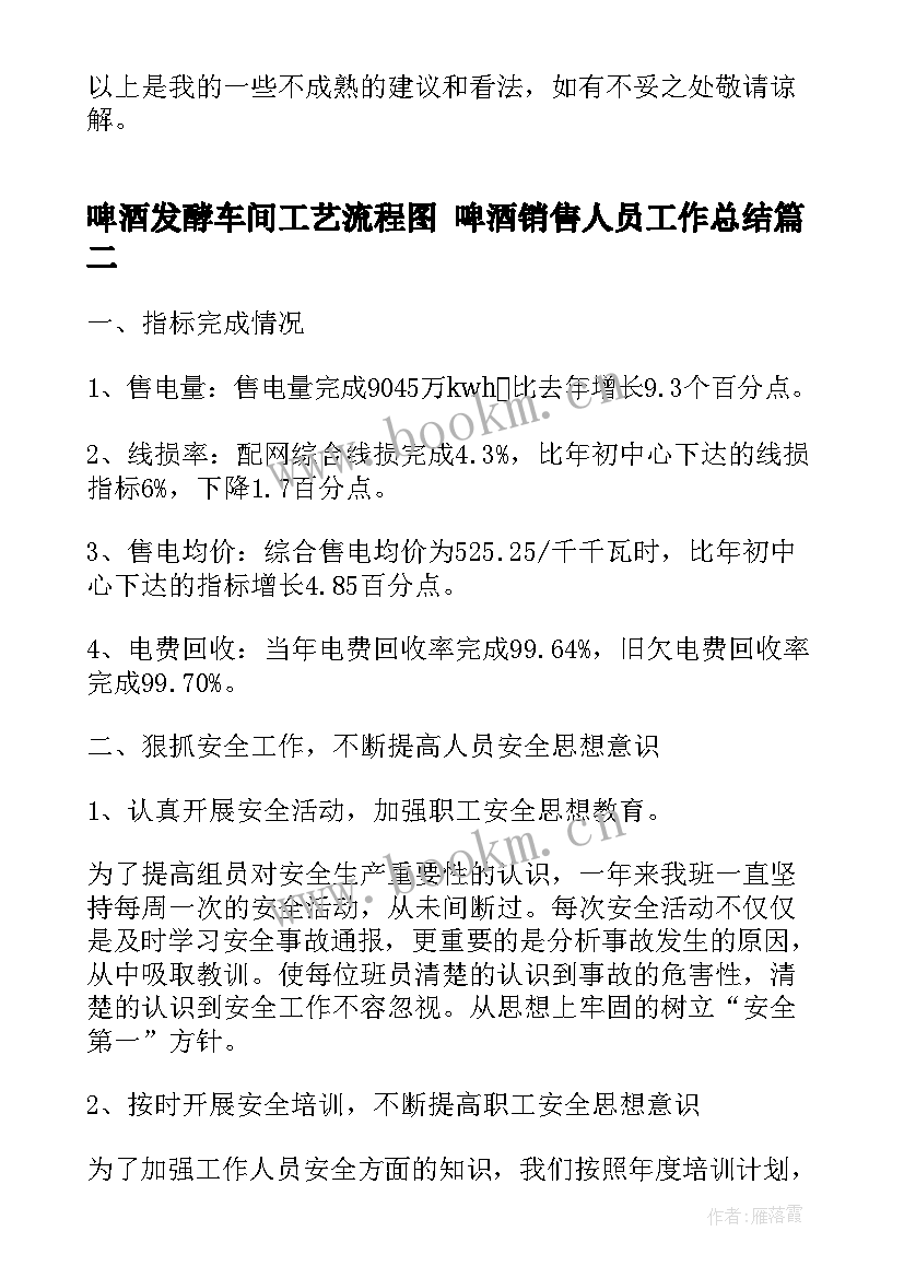 2023年啤酒发酵车间工艺流程图 啤酒销售人员工作总结(通用5篇)