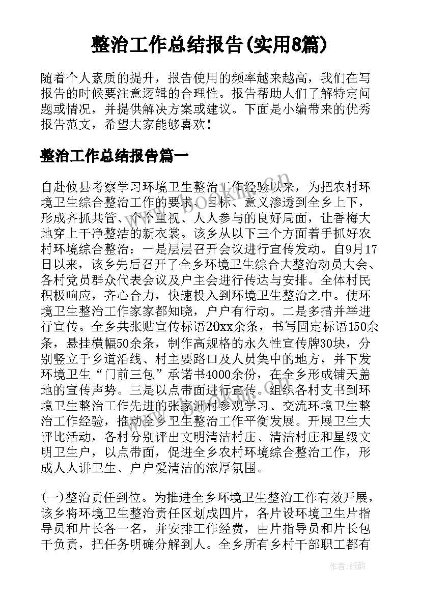 整治工作总结报告(实用8篇)