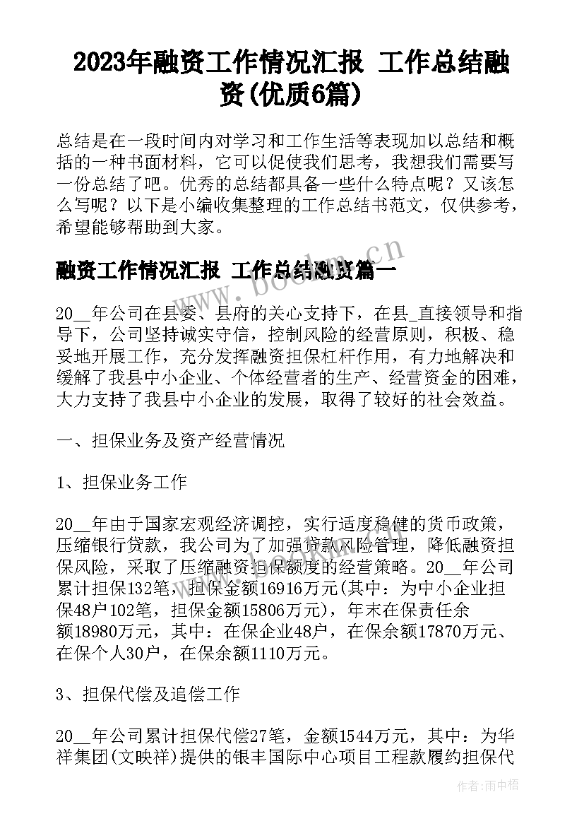 2023年融资工作情况汇报 工作总结融资(优质6篇)