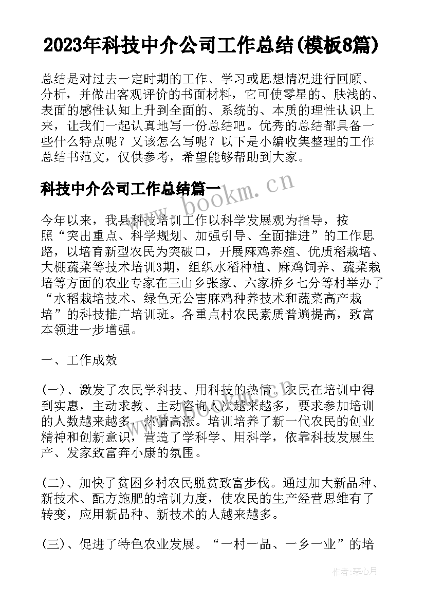 2023年科技中介公司工作总结(模板8篇)