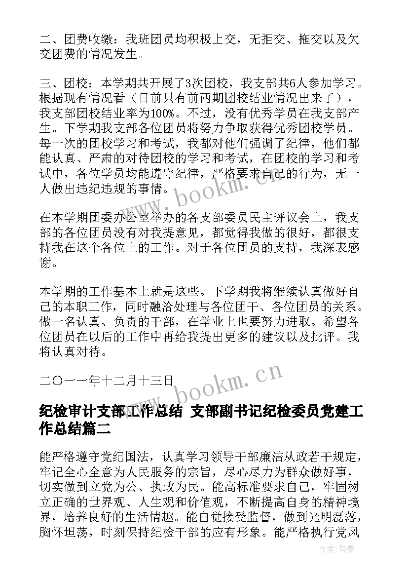 纪检审计支部工作总结 支部副书记纪检委员党建工作总结(优秀9篇)