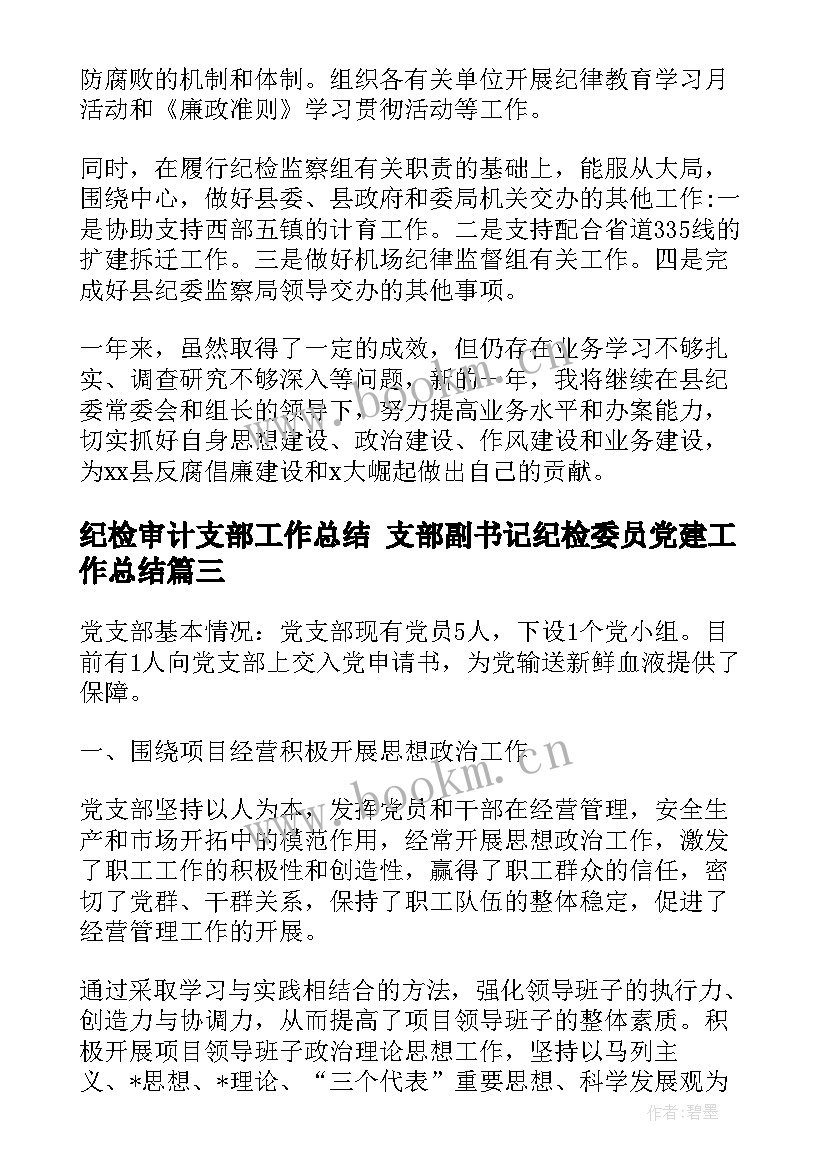 纪检审计支部工作总结 支部副书记纪检委员党建工作总结(优秀9篇)