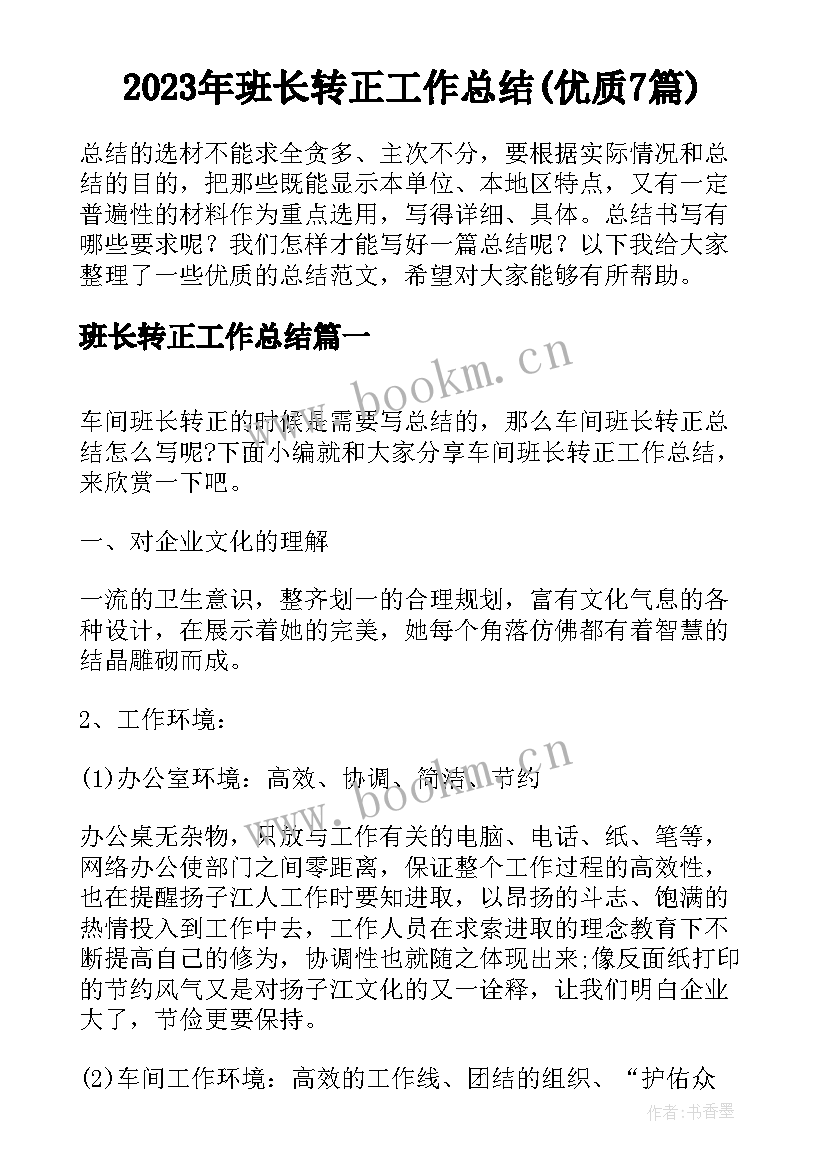 2023年班长转正工作总结(优质7篇)