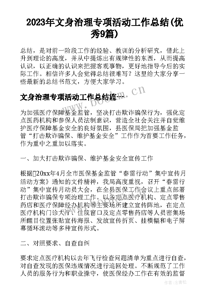 2023年文身治理专项活动工作总结(优秀9篇)