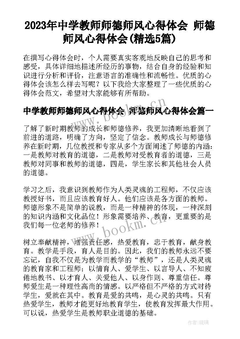 2023年中学教师师德师风心得体会 师德师风心得体会(精选5篇)