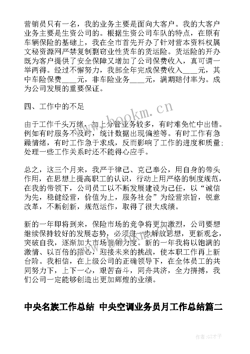 2023年中央名族工作总结 中央空调业务员月工作总结(优质5篇)