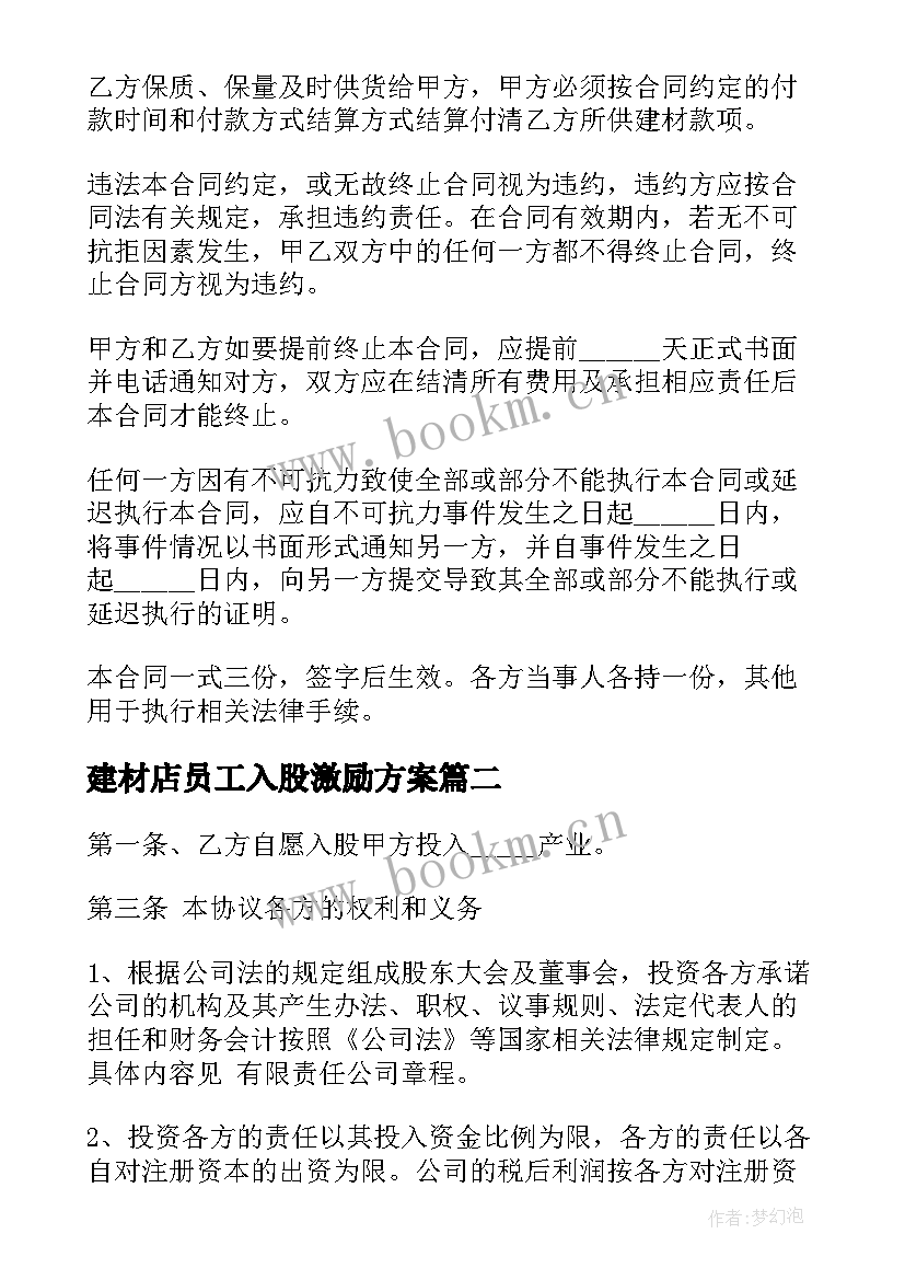 2023年建材店员工入股激励方案(模板7篇)