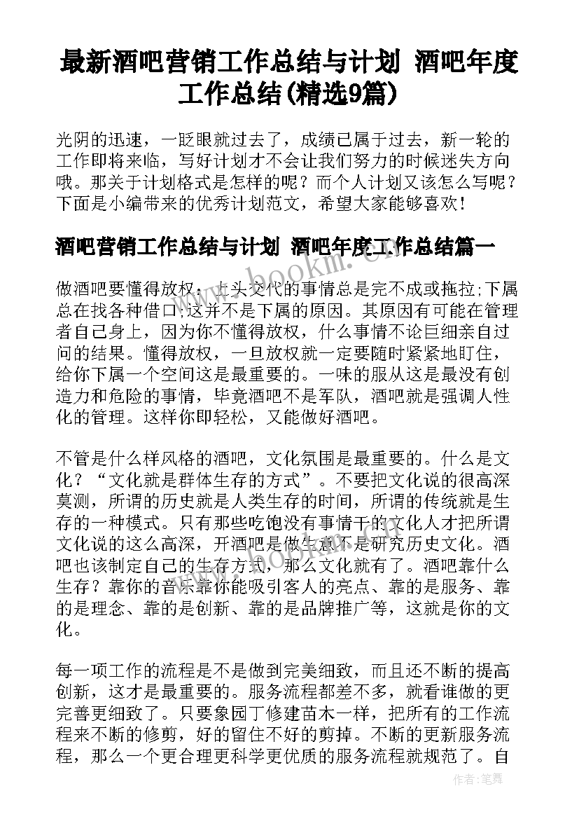 最新酒吧营销工作总结与计划 酒吧年度工作总结(精选9篇)