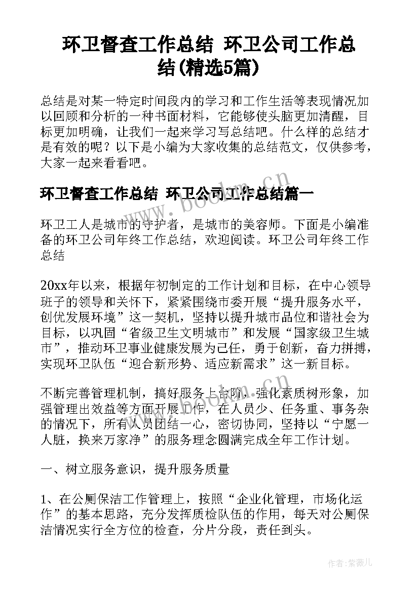 环卫督查工作总结 环卫公司工作总结(精选5篇)