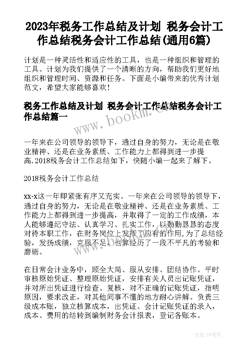 2023年税务工作总结及计划 税务会计工作总结税务会计工作总结(通用6篇)